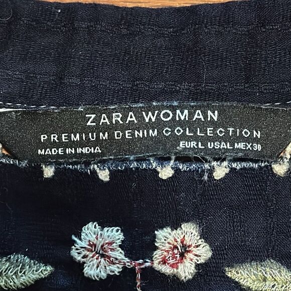 ZARA Blue/Grey Ombré Floral Embroidered Cotton Top, Hidden Button Front Sz Large - Picture 3 of 15